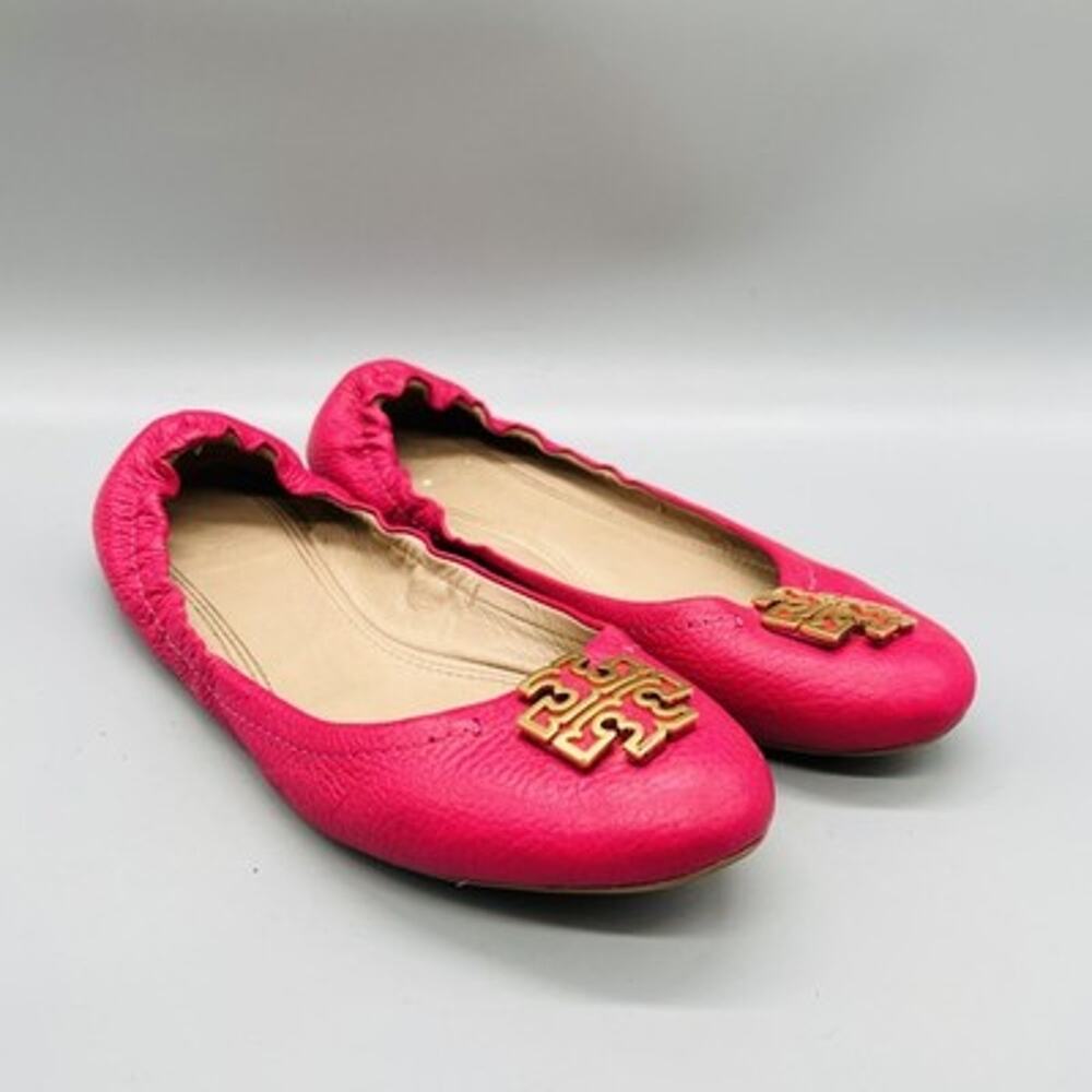 Tory Burch Shoes Women 7.5 Pink Leather Logo Ballet Flats Slip On Comfort Casual